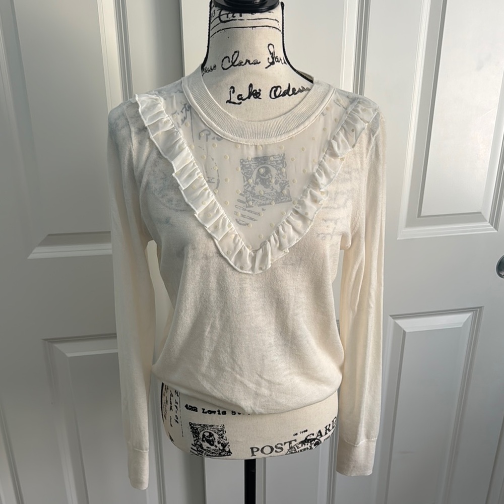 LOFT Cream Ruffled Long Sleeve Cowl Sweater